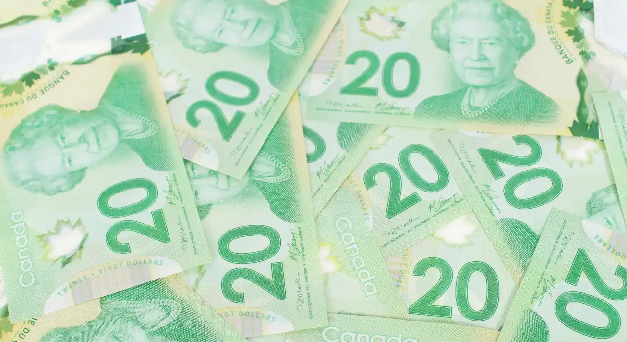 一疊加拿大二十元紙幣攤開。