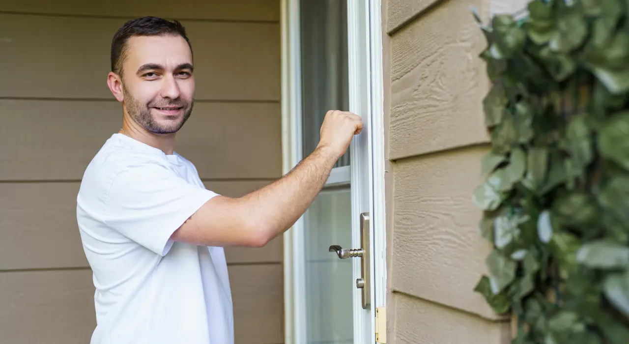 一位男子在拉票活動中笑著敲民居的門。