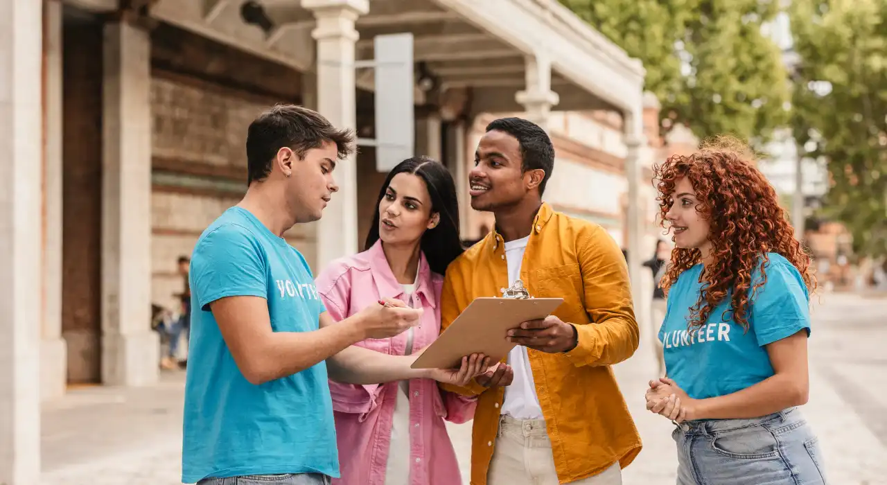 Quatre bénévoles discutent à l’extérieur, l’un tenant un calepin, les autres écoutant et échangeant.