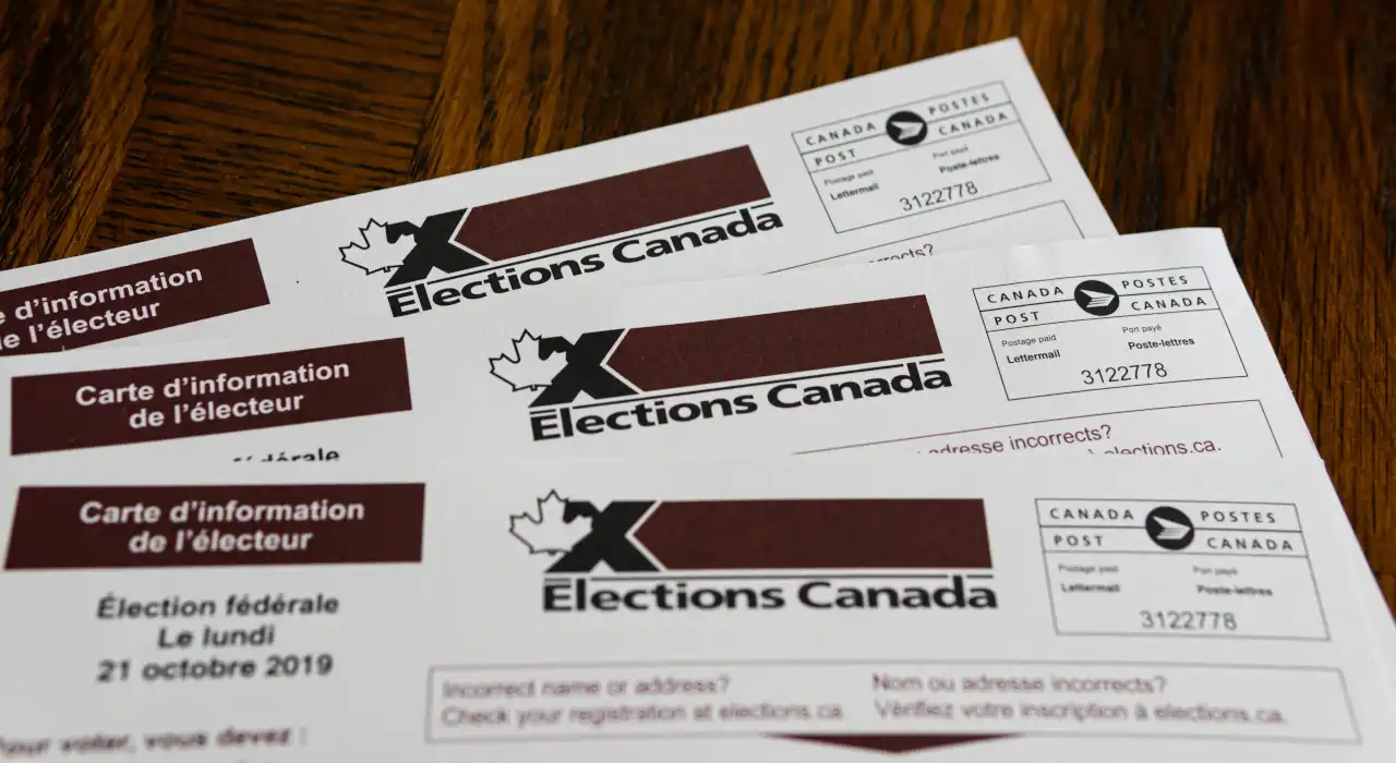 Un conjunto de tarjetas de información del votante de Elecciones Canadá esparcidas sobre una mesa de madera.