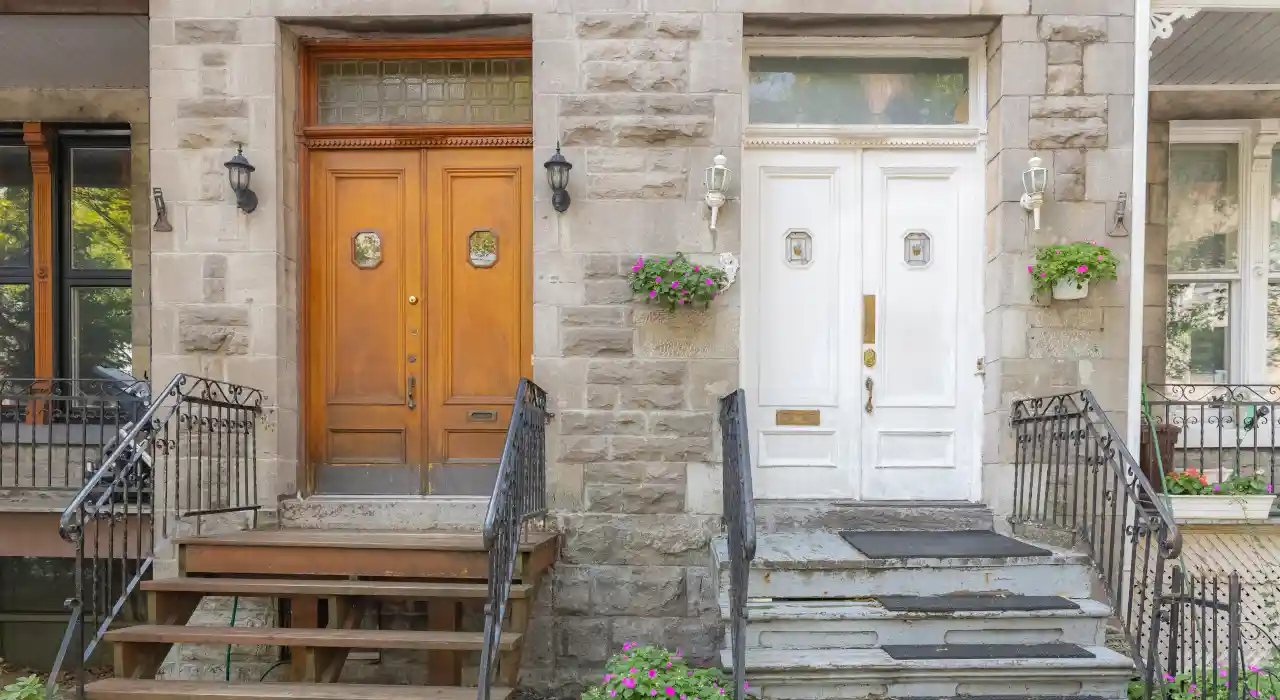 Vista frontal de dos puertas vecinas, una marrón y otra blanca, en un edificio residencial de piedra.